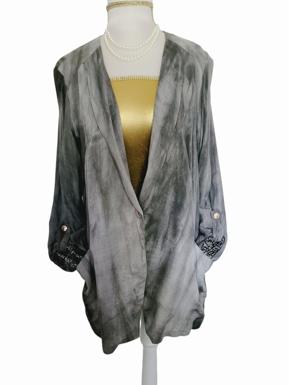 Anthropologie Hei Hei Soft Gray / Black Tie Dye Cotton Linen Blend Draped Blazer